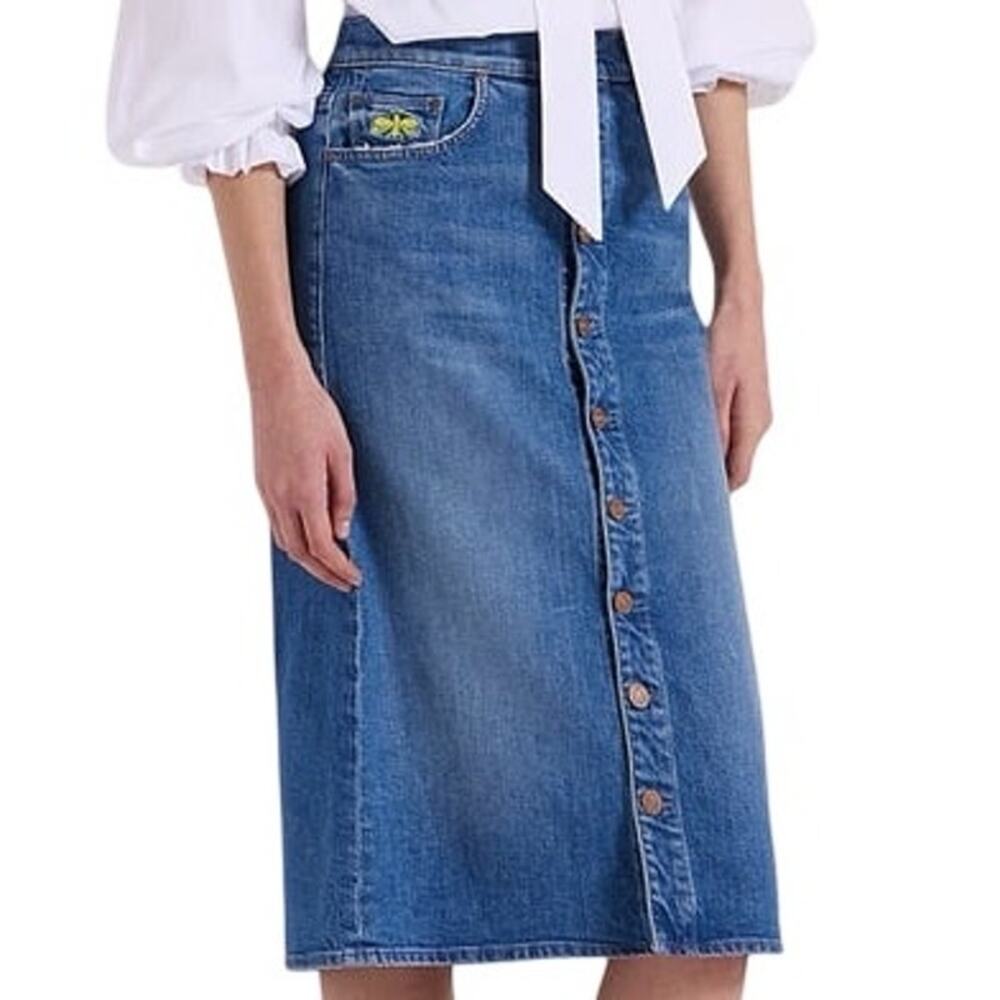 Mother La DoubleJ Button Vagabond Embroidered Blue Denim Midi Skirt Size 25 NEW